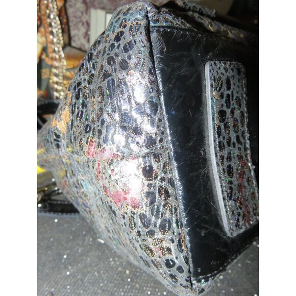 Sharif 1827 Black Metallic Floral Python Embossed Italian Leather Charm Satchel - Picture 7 of 16